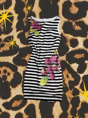 CACHÉ | Vintage Y2K Black/White Floral Striped Cocktail MIDI Dress | Size 4